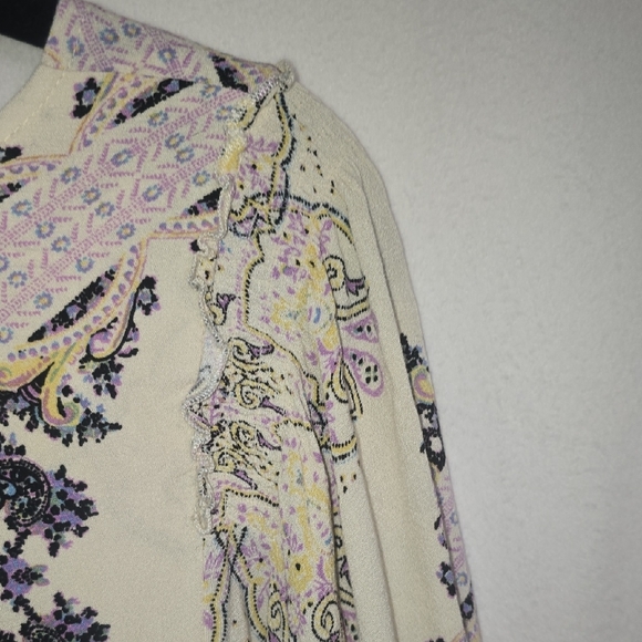 Free People Cream and Purple Patterned Tunic Top With Flowy Bell Sleves - Picture 8 of 8